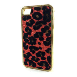 Capa para iPhone 4 e 4S de Pele de Leopardo com Glitter - Vermelho