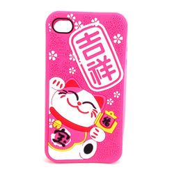 Capa para iPhone 4 e 4S de Silicone 3D Gatinho Chines - Rosa