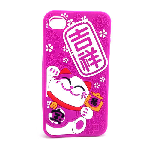 Capa para iPhone 4 e 4S de Silicone 3D Gatinho Chines - Roxo