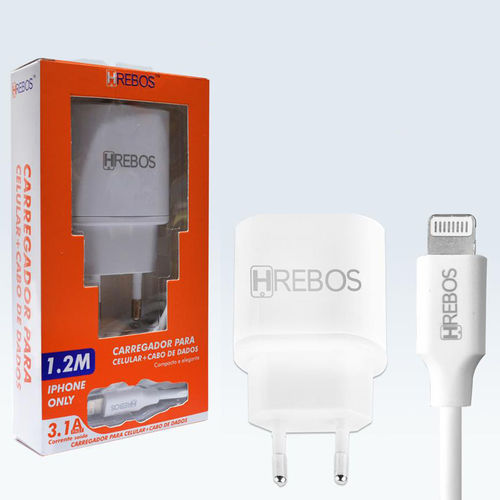 Imagem de Carregador de Tomada com 2 Entradas USB e cabo de dados lightning - Hrebos | Branco