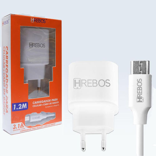 Imagem de Carregador de Tomada com 2 Entradas USB e cabo de dados Tipo C - Hrebos | Branco